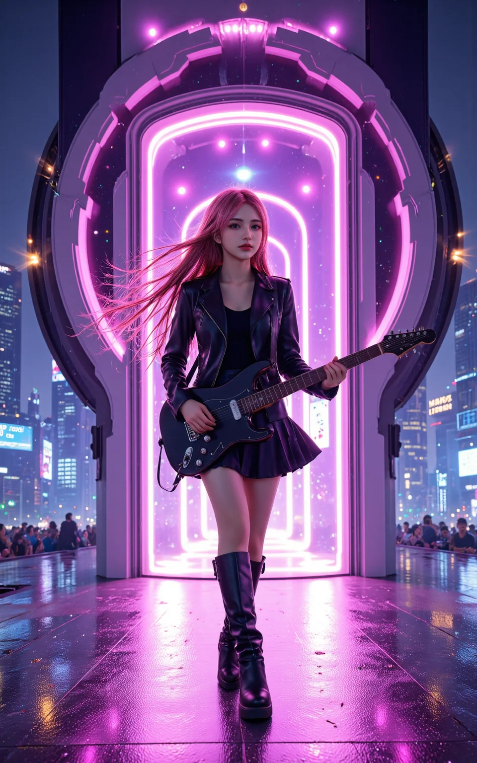 A stunning 20-year-old girl with long,flowing pink hair,dressed in a sleek black leather jacket,a pleated black skirt,and knee-high black boots. She confidently walks across a neon-lit cyberpunk stage while skillfully playing an electric guitar. The stage floor beneath her shimmers with a crystal-like effect,reflecting the vibrant hues of the futuristic lighting. Behind her stands a massive,futuristic doorway,enveloped in a glowing purple energy ring,pulsating with a soft,otherworldly light. The cyberpunk city skyline looms in the background,filled with towering holographic billboards and dazzling neon lights. The atmosphere is electrifying,with digital particles floating in the air,creating a dynamic,high-tech concert scene.,<lora:yuukananri-base-02-flux:0.8>,yuukananri,she has a slender physique and a petite build,<lora:aidmaMJ6.1_v0.5_3:0.5>,aidmaMJ6.1,