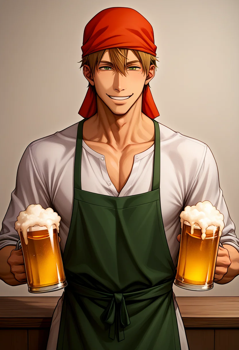 score_9,score_8_up,score_7_up,score_6_up,score_5_up,score_4_up BREAK junta azumaya,1boy,male focus,solo,beer,red head scarf,alcohol,cup,food,smile,mug,beer mug,apron,glass,shirt,<lora:Takato_Junta_V1-2:0.8>,