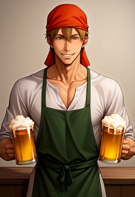 score_9,score_8_up,score_7_up,score_6_up,score_5_up,score_4_up BREAK junta azumaya,1boy,male focus,solo,beer,red head scarf,alcohol,cup,food,smile,mug,beer mug,apron,glass,shirt,<lora:Takato_Junta_V1-2:0.8>,