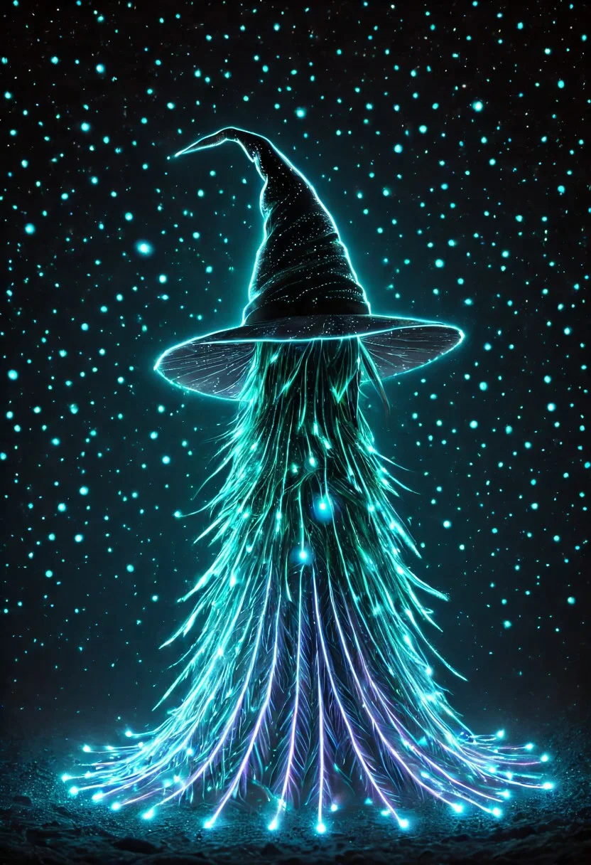 masterpiece, best quality, high resolution, absurdres, ultra-detailed, intricate details, ultra detailed, 8k, highly detailed, very aesthetic, professional 4k, Canon 5d mark 4, extremely detailed, very_detailed, high_detail, sharp focus, clean lines, perfect anatomy, realistic style,  
(witch girl:1.1), witch hat illuminated by bioluminescent feathers. glowing ornament, casting a soft, ethereal light. 
The overall atmosphere is serene and magical, with a starry night sky visible.
black background, 
film grain, cinematic, colorful, moody lighting, natural light, soft light, depth of field, bokeh, light particles, backlight, chiaroscuro, refraction, subsurface scattering