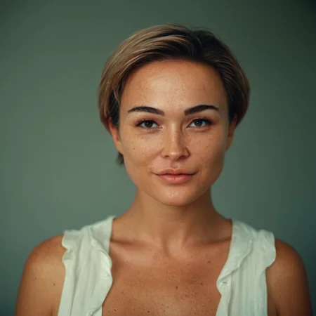 analog film photo of  <lora:eyetune:0.3>
 <lora:perfection style:0.1> 
 <lora:detailed:0.1>
 <lora:facial expression style v2:0.1>
 <lora:Aubrey1974:1> Aubrey1974
neutral facial expression of a woman with a short blond hair and a white shirt, movie themed, sharp, detailed skin, epic cinematic photography, artistic, creative, wrinkly face, dramatic lighting style, cinematic color style, Kodak film style, skin pore, emotional style, gustier style, facial expression style, neutral facial style, 1girl, solo, short hair, brown hair, closed mouth, lips, looking to the side, portrait, realistic, nose, dirty, dirty face, smile, backlighting, photorealistic, perfect sad smile, skin pore, faded film, desaturated, 35mm photo, grainy, vignette, vintage, Kodachrome, Lomography, stained, highly detailed, found footage