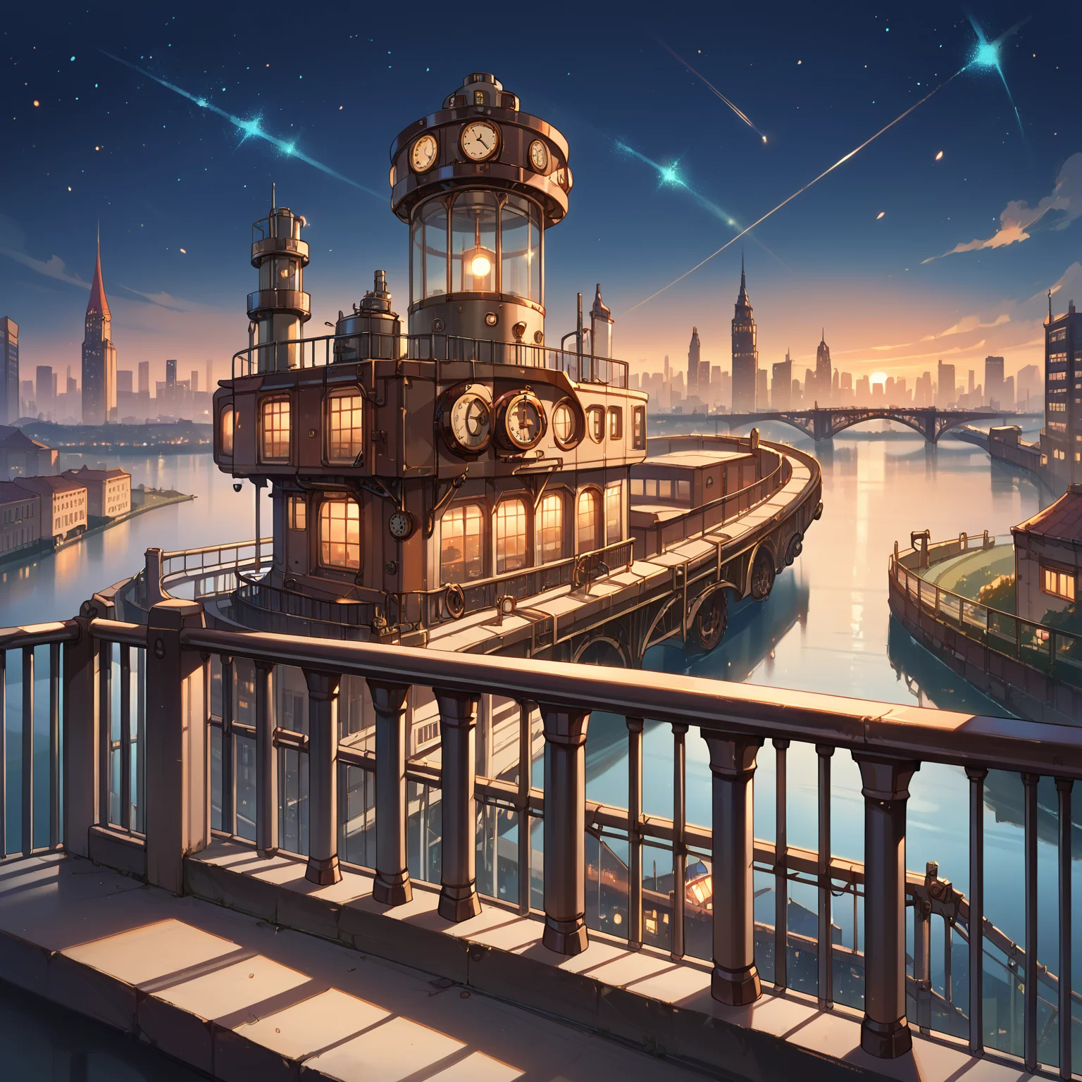 score_9, score_8_up, score_7_up,source_anime, <lora:Steampunk_city_background:0.5> stcib, steampunk, lookout point, cityscape, city lights, railing, river, night, starry sky, sunrise,