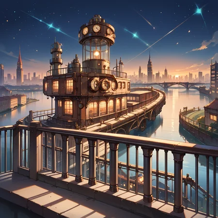 score_9, score_8_up, score_7_up,source_anime, <lora:Steampunk_city_background:0.5> stcib, steampunk, lookout point, cityscape, city lights, railing, river, night, starry sky, sunrise,