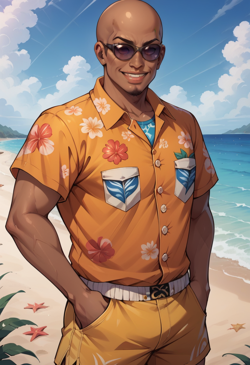 score_9, score_8_up, score_7_up,  source_anime BREAK  <lora:ZackDOA:0.9>, ZackDOA, dark-skinned male, bald, goatee, sunglasses, Hawaiian shirt,  yellow shorts, smile, beach,  hands in pockets,