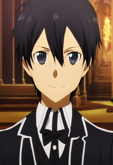 high resolution, solo, best quality, 1Boy, Kazuto Kirigaya, Black Hair, Black Eyes, luxury hotel, Ballroom, tuxedo, smile, confident, OverallDetail