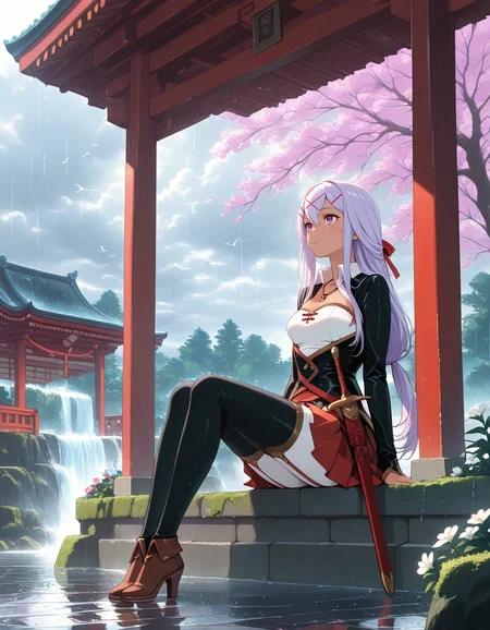 Smooth Quality <lora:yulishia_IL:1> yulishia, x hair ornament, long hair, hair ribbon, red ribbon, purple eyes, pink eyes, dark-skinned female, hair between eyes, purple hair, grey hair, white shirt, collared shirt, long sleeves, black jacket, wing collar, sheath, weapon, sheathed, red skirt, pleated skirt, white pants, pants under skirt, garter straps, black thighhighs, high heels, brown footwear, 1girl, bandeau, bare_arms, bare_legs, barefoot, building, day, flower, full_body, jewelry, moss, necklace, outdoors, plant, rain, shrine, soaking_feet, solo, strapless, sunlight, tassel, tree, water, waterfall, white_flower, red_gate_temple, cherry_blossoms_blowing, birds_in_flight, spiritual_vibes, ancient_wood_beams, cloudy_skyline, wandering_gaze, <lora:ck-neon-retrowave-IL:1> ck-rw, addmicrodetails <lora:AddMicroDetails_Illustrious:0.6> <lora:SkindentationIL3.4_alpha16.0_rank32_full_400steps:3>