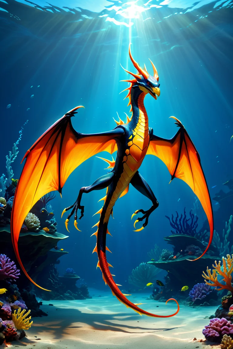 a underwater lightning drake-like Amphiptere, earth skin,  elongated head, short clawed legs, two fiery wings,
