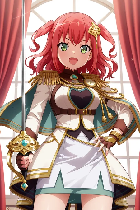 masterpiece, best quality, amazing quality,
<lora:Stella_IL:1> stella, 1girl, solo, weapon, sword, holding, holding sword, holding weapon, two side up, green eyes, red hair, open mouth, smile, looking at viewer, epaulettes, skirt, gloves, hair ornament, fingerless gloves, hand on hip, bangs, :d, brown gloves, long sleeves, aiguillette, stage outfit, red curtains