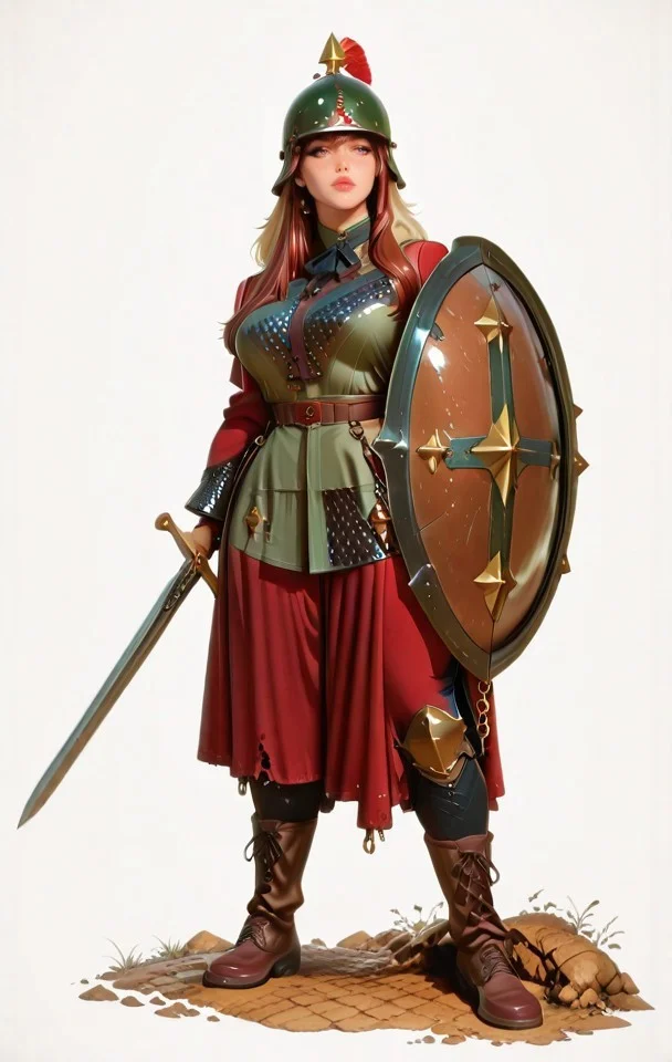 hyper-detailed, modernretroanime, Anime, anime screencap, cel shading, dramatic, sharp detail, mature female, Full-body illustration of female soldier, largebreasts, wide hips, thighs, thick thighs, atheltic female, luscious lips, wearing a detailed Niederbieber-type helmet with cross-pattern reinforcing ridges and cheek guards that can be fastened together. She wields a Spatha sword (900mm/36 inches), historically used by cavalry in the 1st and 2nd centuries. She also carries a spiculum, a heavy pilum-type javelin. She wears chain mail, an oval shield, a long-sleeved tunic, trousers, and boots, historically accurate to 3rd-4th century Roman infantry. The helmet style transitions toward an Intercisa-type. She has an hourglass physique, wide hips, luscious lips, and long flowing hair, exuding both beauty and strength. One leg is positioned straight to the side, with her foot resting on her shoulder, showcasing flexibility and power. Ultra-detailed, cinematic lighting, historical realism, 8K, dramatic pose, dynamic composition, artist:moriimee