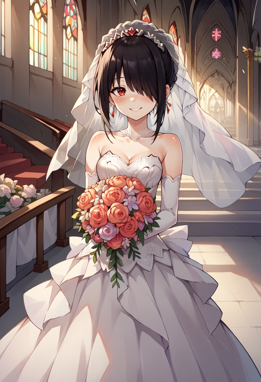 score_9, score_8_up, score_7_up, source_anime, KurumiWedding, black hair, hair over one eye, red eyes, bridal veil, wedding dress, elbow gloves, holding bouquet, flower bouquet, indoors, church, altar, smile, blush, <lora:CHAR-TokisakiKurumiPonyXL:1>