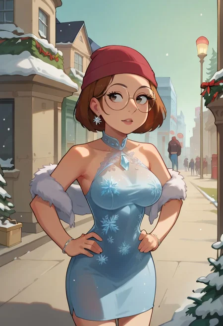 Score_9_up, score_8_up, score_7_up, meg, brown hair, 1girl, glasses, solo, short hair, eyes, ice jacket , beanie, ice dress, disgner clothes, jewelry, bracelet, big breasts, standing, hands on hips, outdoor, city street, on side walk, snow, christmas tree, cowboy shot,Expressiveh