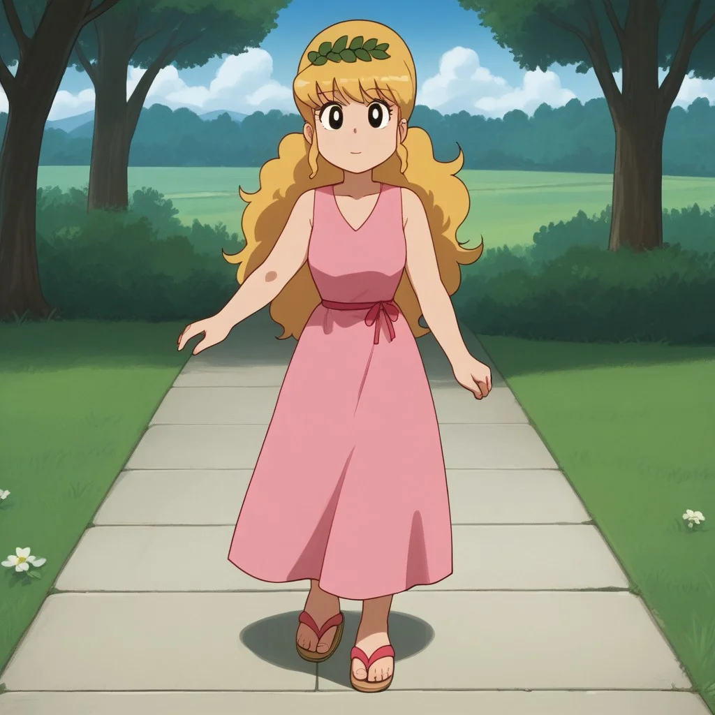 1girl, solo, Pollon, long hair, blonde hair, black eyes, pink dress, sandals, walk, on a lawn, front view