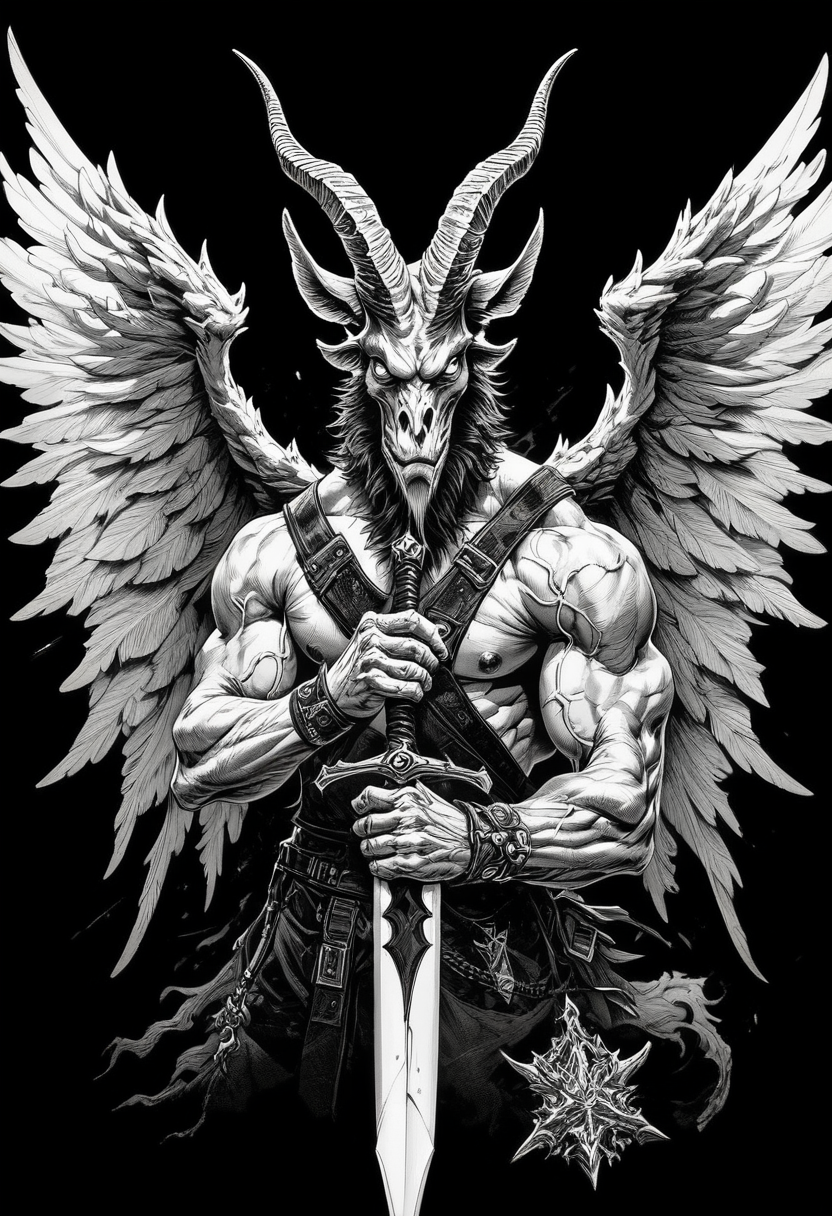 (score_9, score_8_up), score_7_up, zPDXL, solo, simple background, 1boy, holding, monochrome, upper body, weapon, greyscale, male focus, wings, horns, sword, signature, holding weapon, muscular, holding sword, black background, monster  <lora:GRIM_v1:0.95>