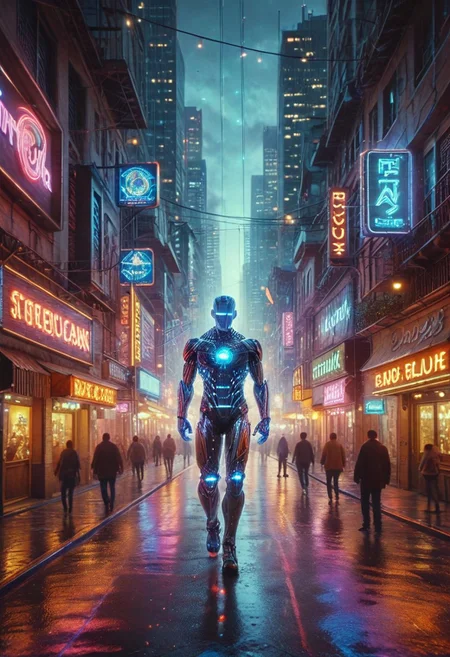 score_9,score_8_up,score_7_up, A soon to be unemployed blue robot, 1 man, futuristic cyberpunk cityscape background, neon lights and brightly lit marquees, wet streets reflect the neon glow of the city, analog photography, ultrarealistic, hdr, Cyberspace, psych3delic