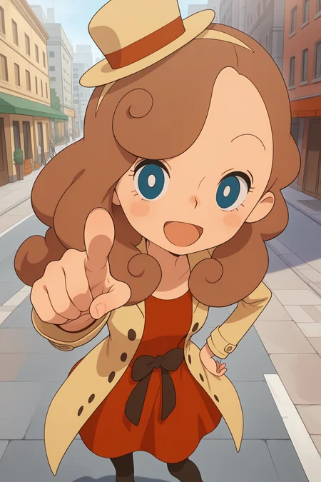 masterpiece, best quality, amazing quality, katriellelayton, 1girl, solo, smile, open mouth, pointing at viewer, hand on hip, confident, brown hat, black leggings, brown coat, red dress, outdoors, street, city