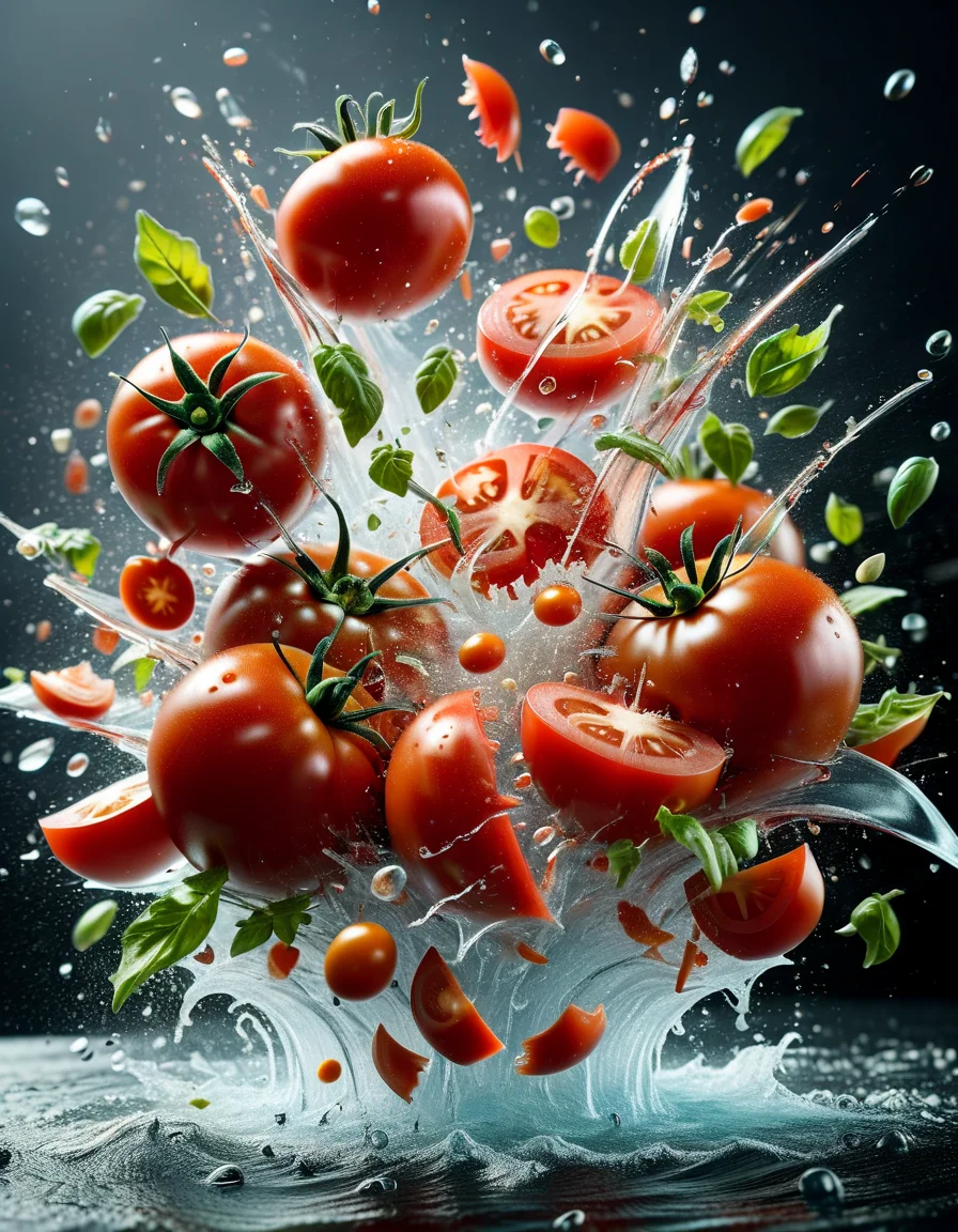 salat with tomatoes, splash water, flashing particles , depth of field, clean background, made of ral-vlntxplzn <lora:ral-vlntxplzn:1>