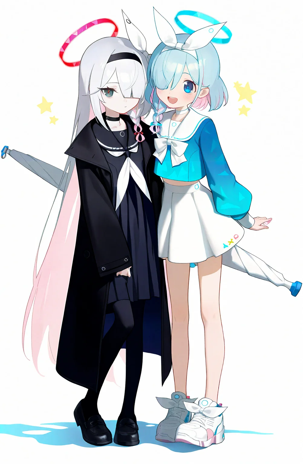 arona_\(blue_archive\), plana_\(blue_archive\), long_hair, simple_background, skirt, multiple_girls, long_sleeves, white_background, 2girls, standing, school_uniform, pink_hair, pantyhose, pleated_skirt, shoes, serafuku, black_skirt, sailor_collar, black_footwear, coat, black_pantyhose, white_footwear, white_skirt, black_coat, white_sailor_collar, black_serafuku, head_out_of_frame