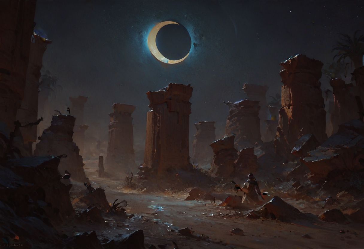 score_9, score_8_up, score_7_up,
highly detailed, high detail, oil painting ,concept art, dark theme, low light,
Wide shot
Clear Night sky,  lunar eclipse,  (huge sand dunes, sands), desert,night, Sahara desert