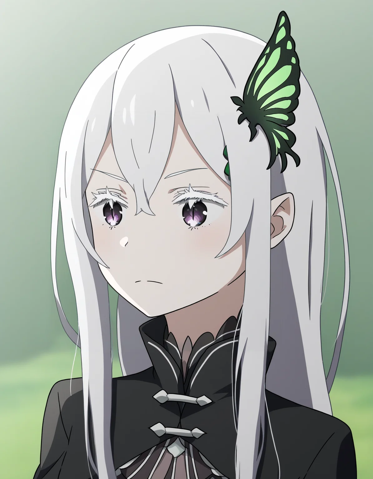 <lora:Echidna ReZero:1>, 1girl, echidna rezero, face, upper body, black clothes, green butterfly hair ornament