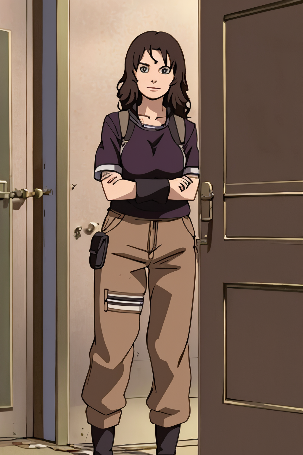 Russians 34 years old woman Brown 360 Waves , in the Laundry room, Standing with arms crossed over chest, Wide-leg pants with a sweater, EdobNarutoShippuden  <lora:EdobNarutoShippuden_v1.0:0.8>