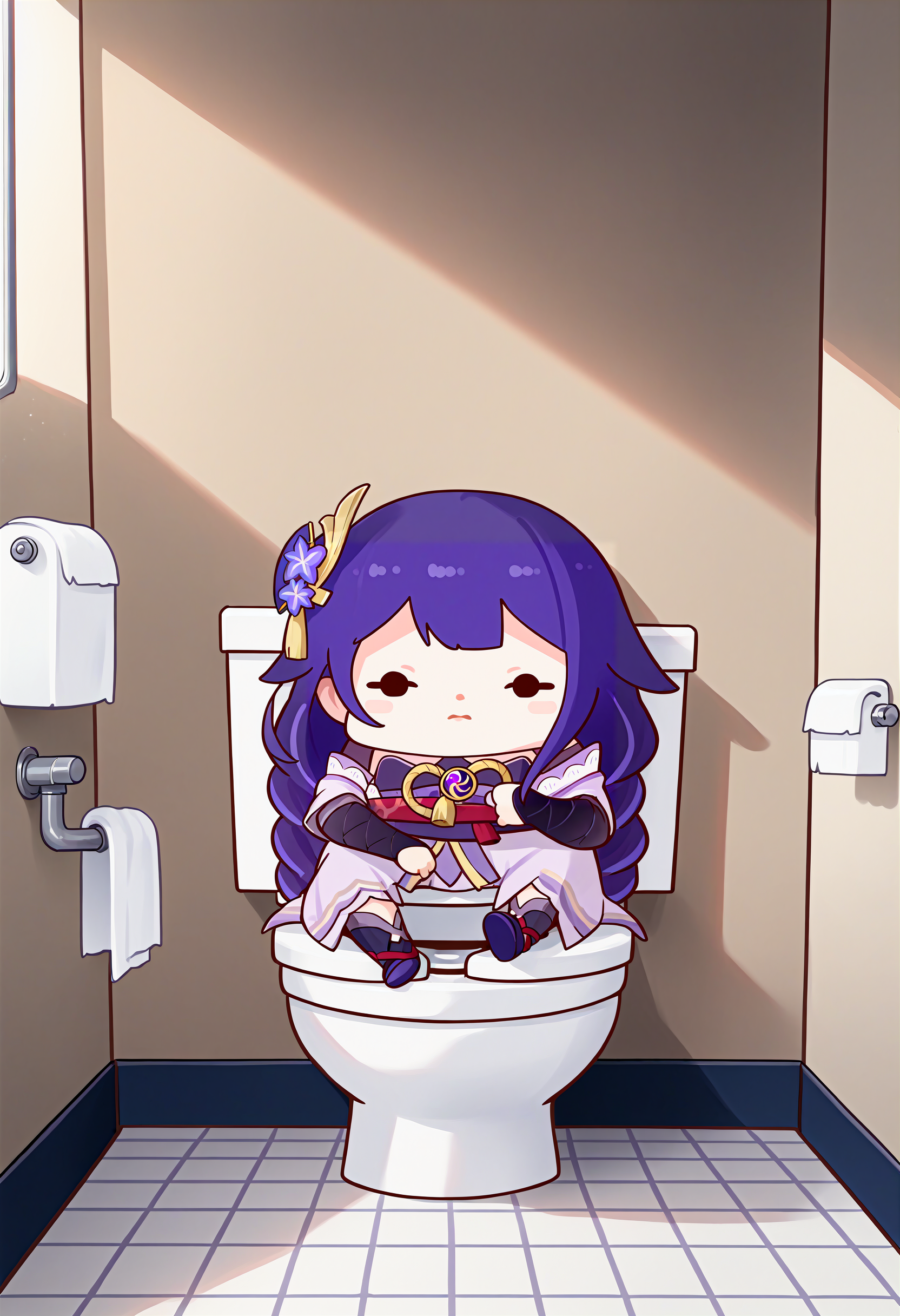score_9, score_8_up, score_7_up, 1girl, source_anime, <lora:Phdpigeon_XLPD:1.2>, (chibi), raiden shogun, toilet, sitting,