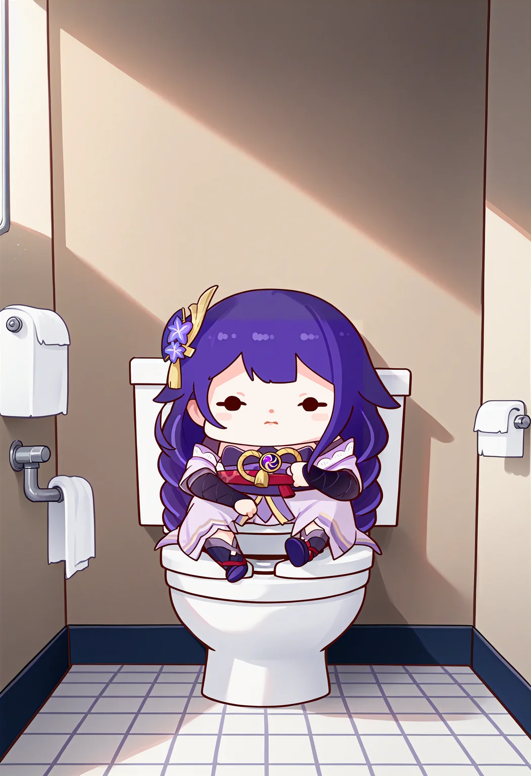 score_9, score_8_up, score_7_up, 1girl, source_anime, <lora:Phdpigeon_XLPD:1.2>, (chibi), raiden shogun, toilet, sitting,