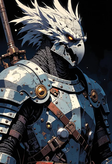 parrot knight, portrait, finely detailed armor, intricate design, silver, silk, cinematic lighting, dramatic lighting, 4k