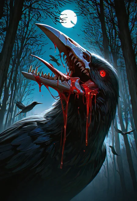detailed face, detailed body,shiny skin,photorealistic, dutch angle, masterpiece, best quality, amazing quality, very aesthetic, absurdres, newest, scenery, volumetric lighting,
teeth, horror_(theme), blood, bird, crow, no_humans, skull, tree, moon, red_eyes, blood, nature, night,
in the background is a dark, gloomy forest in the fog, autumn,,dark atmosphere, night