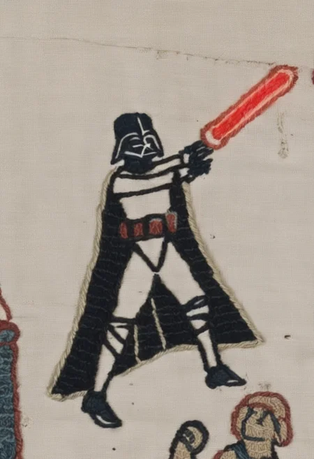 bayeux, darth vader holding red light saber, ornaments, <lora:bayeux:1>