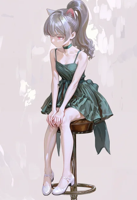 masterpiece, highres, absurdres, newest, very awa, painting \(medium\), (flat color:1.1), negative space, 1girl, solo, grey hair, pink eyes, cat ears, high ponytail, green dress, collarbone, green choker, waist ribbon, short dress, white footwear, sitting, stool, hands on own knees, three quarter view, <lora:spo_sdxl_10ep_4k-data_lora_webui>, <lora:illustrious_noobai_epsilon_pred_1_best_quality_v1:0.4>, <lora:FKEY_WAI>,