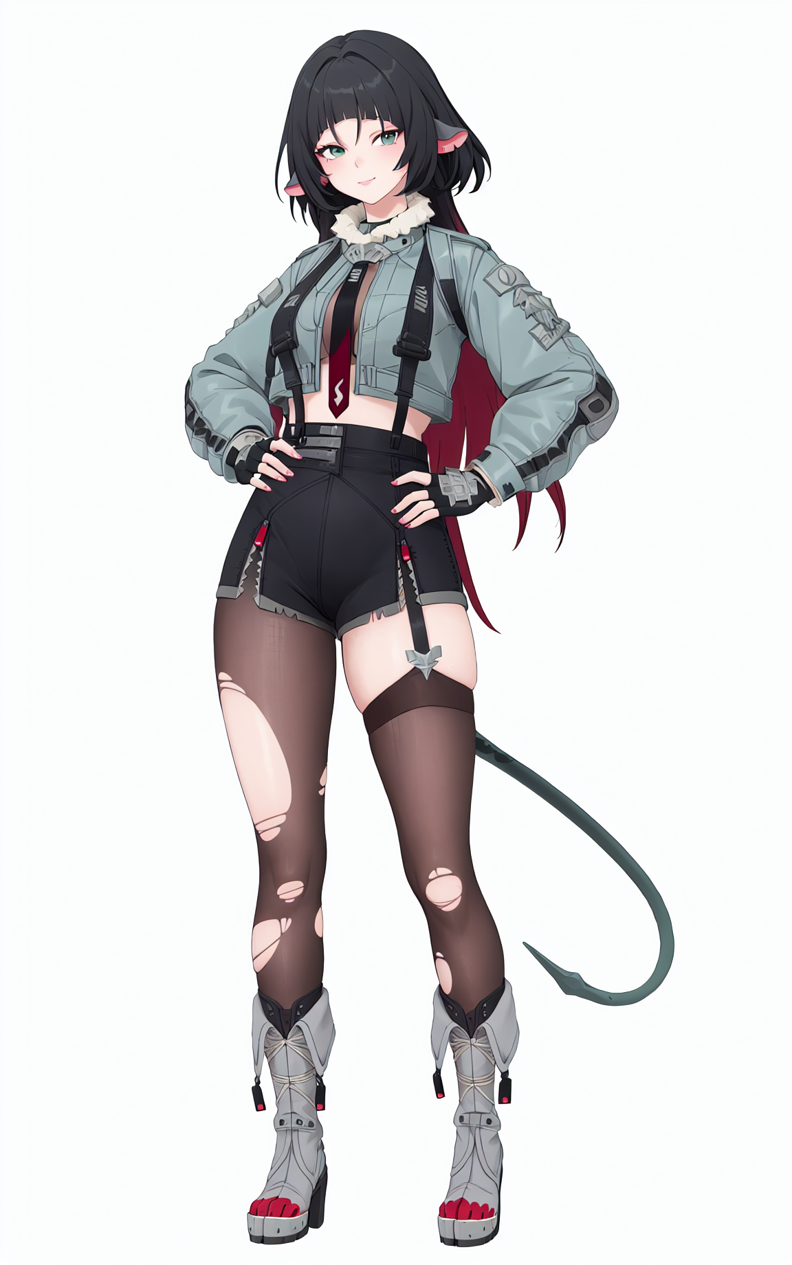 8k, best quality, masterpiece, (ultra-detailed), (high detailed skin), (by nanoless, by misumi \(macaroni\),:0.5), 
A full-body portrait of a young girl, standing gracefully, pastel art style, high-key lighting, shoujo manga influence, hd quality, delicate details, 
full body, full shot, standing, looking at viewer, (solo:1.2), simple background, white background, hand on own hip, 
<lora:jiandoe-sd15:0.8>, jiandoe, tail, pointy ears, default clothes, green jacket, 1girl, black hair, torn clothes, gloves, fingerless gloves, shorts, torn  suspenders, pantyhose, necktie, sling,