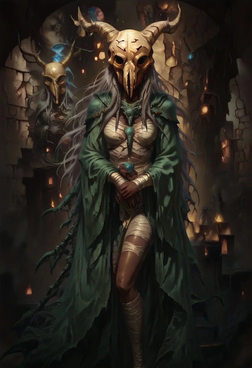 masterpiece, best quality, newest, absurdres, highres, DFOP-V3.0, oil painting,
1girl, TheS1ent-V1.0, bandages, bandaged hand, green cape, skull, skull on head, white hair, long hair, very long hair, dark-skinned female, dark skin,