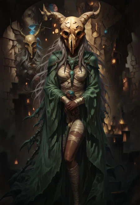 masterpiece, best quality, newest, absurdres, highres, DFOP-V3.0, oil painting,
1girl, TheS1ent-V1.0, bandages, bandaged hand, green cape, skull, skull on head, white hair, long hair, very long hair, dark-skinned female, dark skin,