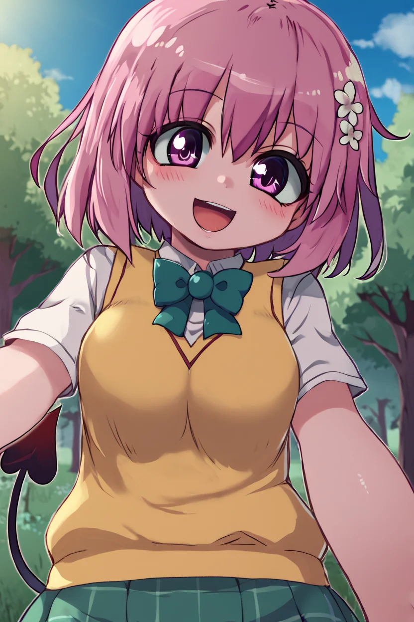 <lora:Zankuro_Style_Pony:0.8>, high resolution, highly detailed, perfect lighting, highly detailed eyes, <lora:tlrmomo-pdxl-nvwls-v1:1> tlrmomo, pink hair, hair flower, green bowtie, yellow sweater vest, white shirt, short sleeves, green miniskirt, demon tail, looking at viewer, standing, happy, open mouth, blue sky, trees, waist up head tilt, curvy, smile, blush,