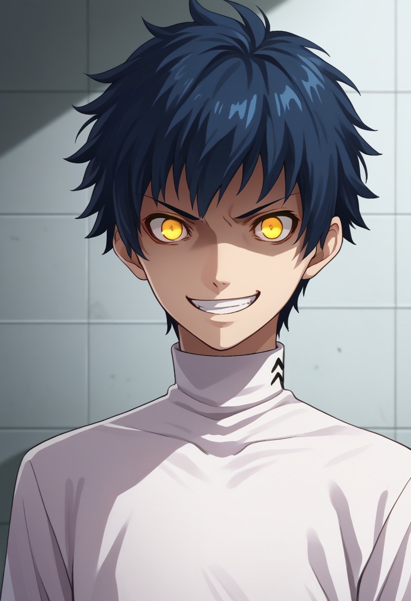 score_9, score_7_up, source_anime, 
mishima, 1boy, male focus, solo, yellow eyes, blue hair, short hair, school uniform, shirt, white shirt, turtleneck, shaded face, evil grin, upper body. glowing eyes,
dark, shadows, darkness, evil aura,