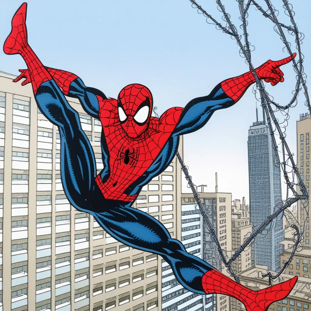Erik Larsen Pencil Style,spider web, city, city skyline,outdoors, flexible, spider-man, holding web,  spider webs, webs, webswinging