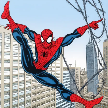 Erik Larsen Pencil Style,spider web, city, city skyline,outdoors, flexible, spider-man, holding web, spider webs, webs, webswinging
