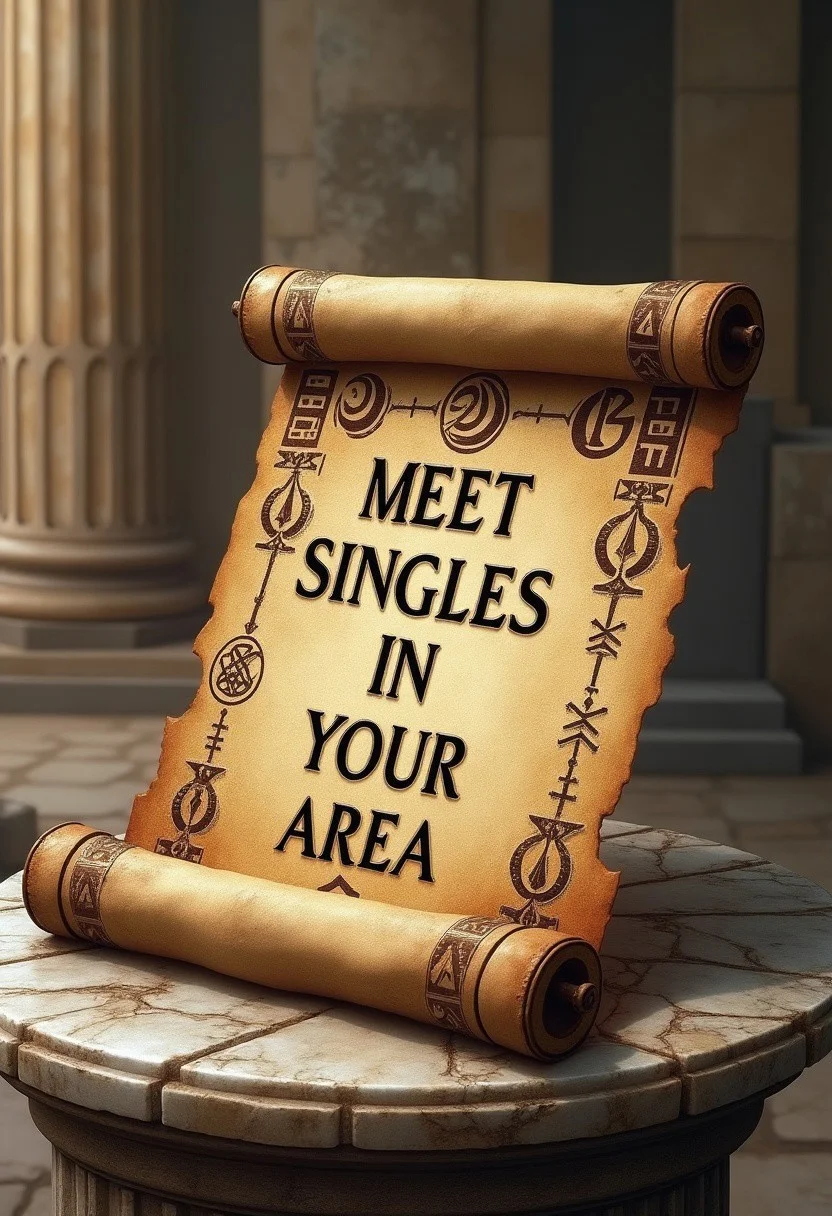An ancient scroll lying on a delapidated marble pedestal. Ancient Greek ruins background. Various arcane runes and symbols adorn the scroll. In the middle of the scroll, letters spell out "Meet Singles in Your Area!" Highly detailed. Detailed background. High def