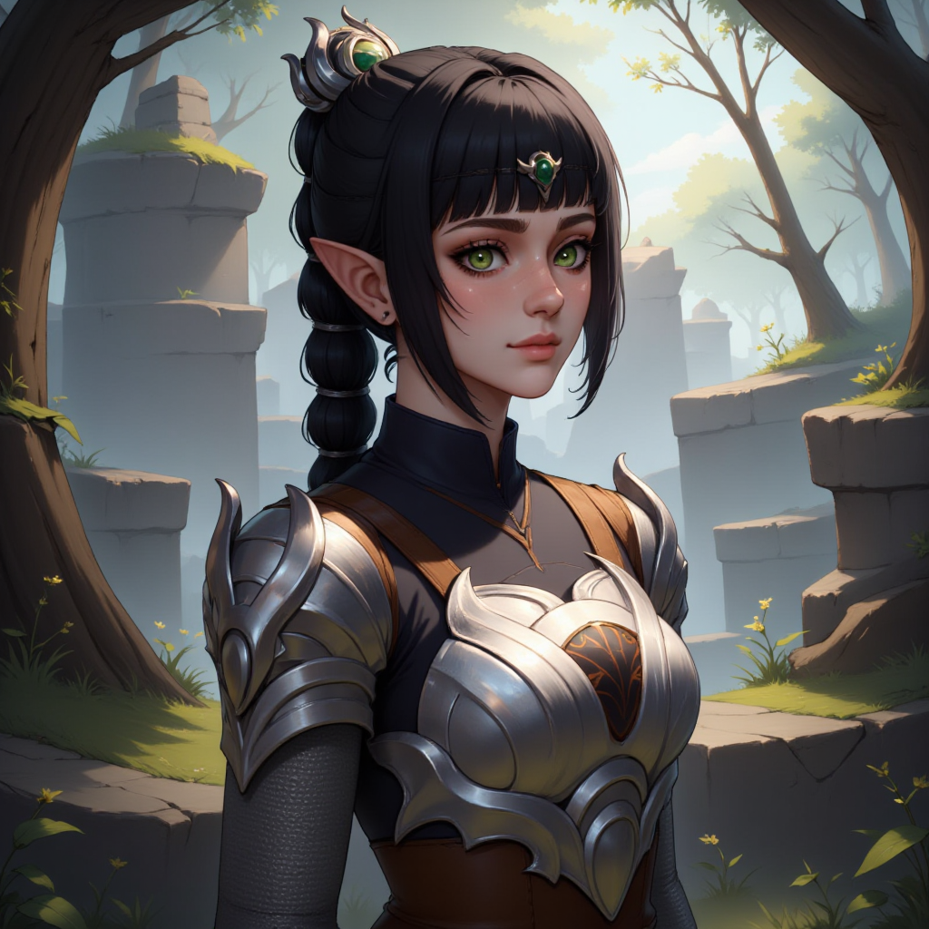 a female character.  This is a highly detailed digital illustration in realistic fantasy style. The subject young elf woman with pale, almost translucent skin, and strikingly large, emerald green eyes that exude sense of wisdom calm. Her pointed, elf-like ears are prominent add to her otherworldly appearance. She has long, dark hair tied back high ponytail few loose strands framing face.
She dressed medieval-style armor, intricate, silver plates covering shoulders chest, adorned ornate designs suggest level craftsmanship. armor sleek polished, reflecting light, giving it metallic sheen. attire complemented by black, form-fitting tunic emphasizes slender physique.
The background mystical forest scene, rocky outcrops dense foliage suggests remote, enchanted location. light filtering through the trees casts soft, diffused shadows, creating serene ethereal atmosphere. overall color palette muted, shades gray, green, brown dominating, enhancing feel image.