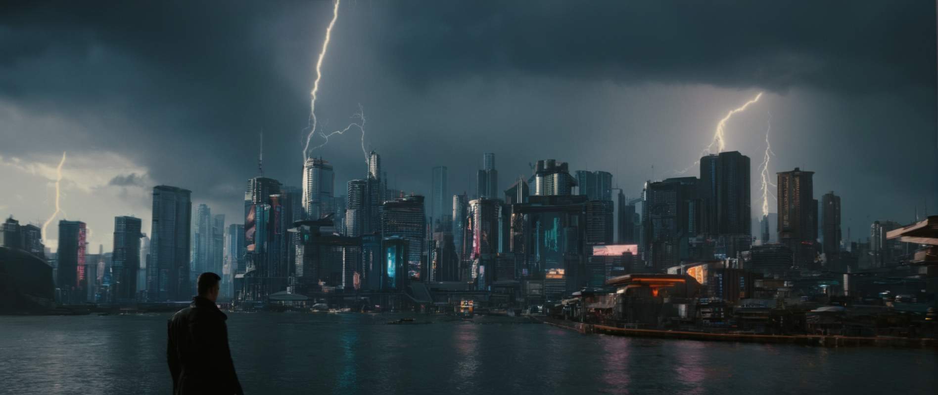 cinematic film still of  <lora:perfection style:0.3>
 <lora:detailed:0.1>
 <lora:Chiaroscuro Lighting Style:0.3>
 <lora:cyberpunk style v2:0.9>
 <lora:Cyberpunk Style:0.1>
In Cyberpunk city a city with a lightning bolt in the sky,outdoors,sky,cloud,water,no humans,night,cloudy sky,building,night sky,scenery,science fiction,rain,city,cityscape,skyscraper,lightning,city lights , science fiction, futuristic setting, detailed background, dramatic light, dramatic shadow light, contrast, cinematic color, cinematic look, filmic, realistic, realism, perfection, perfect, different, cinematic, film, cinematography, artstation, Cyberpunk city style, Cyberpunk style, shallow depth of field, vignette, highly detailed, high budget, bokeh, cinemascope, moody, epic, gorgeous, film grain, grainy