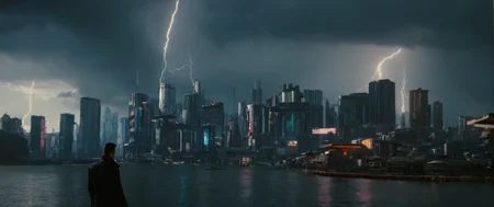 cinematic film still of <lora:perfection style:0.3>
<lora:detailed:0.1>
<lora:Chiaroscuro Lighting Style:0.3>
<lora:cyberpunk style v2:0.9>
<lora:Cyberpunk Style:0.1>
In Cyberpunk city a city with a lightning bolt in the sky,outdoors,sky,cloud,water,no humans,night,cloudy sky,building,night sky,scenery,science fiction,rain,city,cityscape,skyscraper,lightning,city lights , science fiction, futuristic setting, detailed background, dramatic light, dramatic shadow light, contrast, cinematic color, cinematic look, filmic, realistic, realism, perfection, perfect, different, cinematic, film, cinematography, artstation, Cyberpunk city style, Cyberpunk style, shallow depth of field, vignette, highly detailed, high budget, bokeh, cinemascope, moody, epic, gorgeous, film grain, grainy