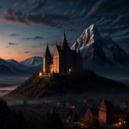 Medieval German castle, surrounded by mountains, high fantasy, epic, digital art.
