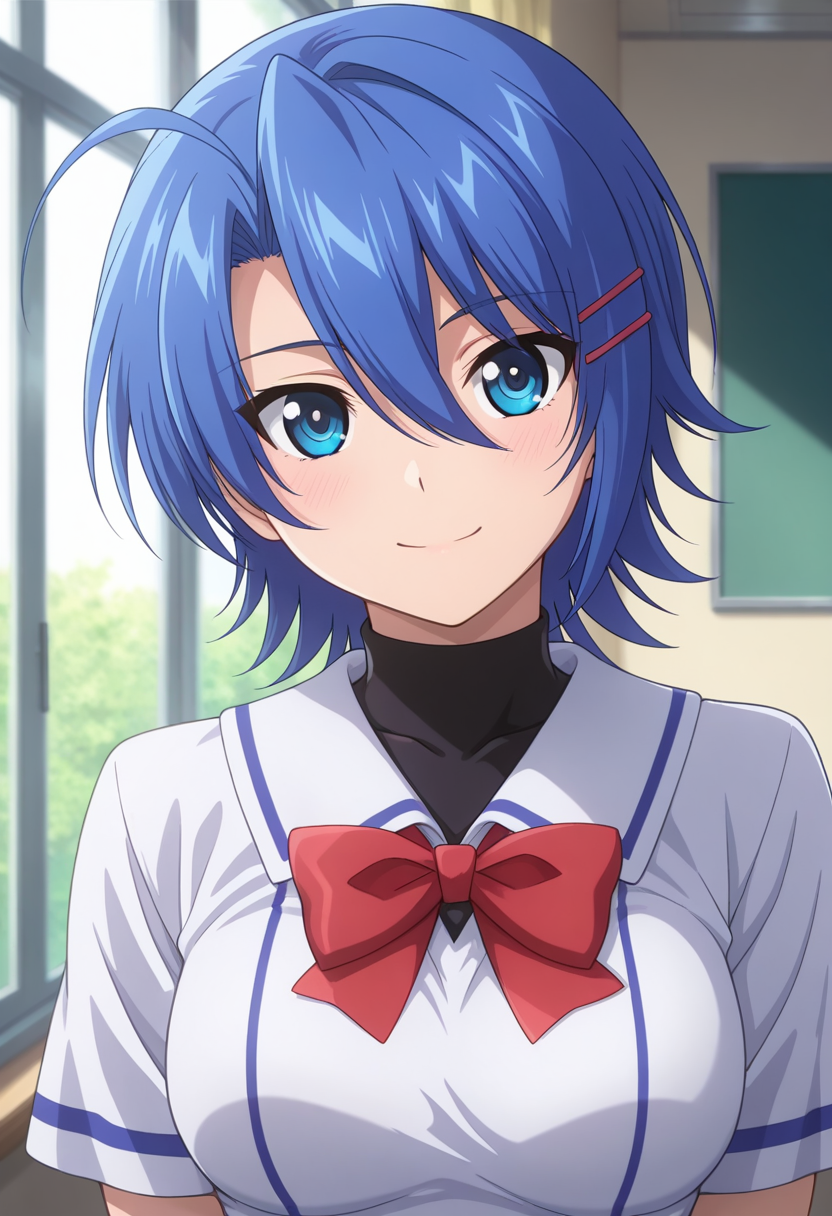masterpiece, best quality, amazing quality, 1girl, solo, (portrait:1.2), junkoww, blue eyes, blue hair, short hair, hair between eyes, ahoge, hairclip, medium breasts, school uniform, turtleneck, black undershirt, white school shirt, short sleeves, red breasts bow, looking at viewer, smile, indoors, day, skindentation, detailed clothing folds, depth of field, sharp, high contrast, dynamic light <lora:Hattori_Junko_Ichiban_Ushiro_no_Daimaou_ill_v11:0.9>