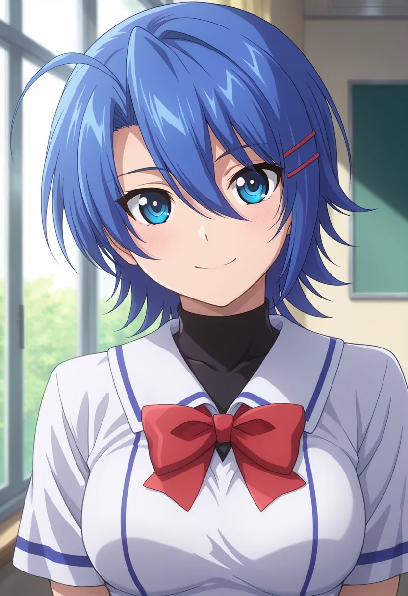 masterpiece, best quality, amazing quality, 1girl, solo, (portrait:1.2), junkoww, blue eyes, blue hair, short hair, hair between eyes, ahoge, hairclip, medium breasts, school uniform, turtleneck, black undershirt, white school shirt, short sleeves, red breasts bow, looking at viewer, smile, indoors, day, skindentation, detailed clothing folds, depth of field, sharp, high contrast, dynamic light <lora:Hattori_Junko_Ichiban_Ushiro_no_Daimaou_ill_v11:0.9>