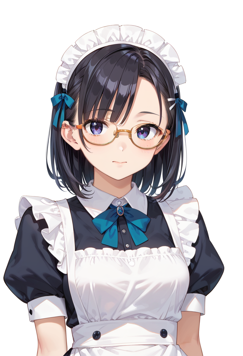 score_9, score_8_up, score_7_up, rating_safe, masterpiece, best quality, absurdres, unity 8k wallpaper, official art, official style, source_anime, uncensored, game cg, megami magazine,
1girl, solo, black hair, medium hair, upper body, covered eyes,maid, maid headdress, black dress, maid apron, face focus,
oval_metal, glasses, still life, white background, simple background, yellow-framed eyewear,
 <lora:glasses_OvalMetal2_PONY_V1:1>