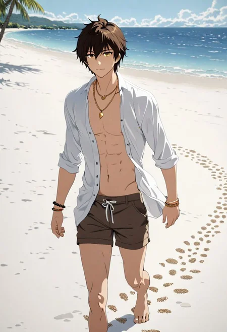 Highres, Masterpiece, High Quality, 4K, 8K, solo, 1Boy, Seiya Kanie, short dark brown hair, golden eyes, beach, calm, white sand, small coral, pebbles, clear sky, quiet, peaceful, walking, candid, breeze, footprints, happy, open shirt, shorts, sixpack, necklace, bracelet, easynegative, detailed_eye_model