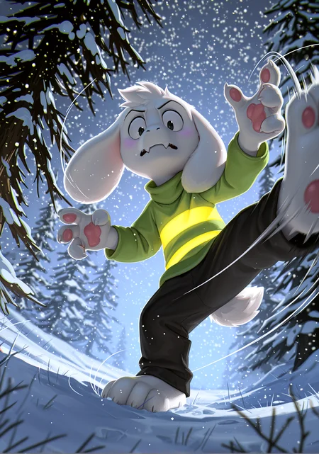 (impressionist painting:1.3), 1boy, <lora:AsrielIllustriousNAI-000020:0.8> Asriel Dreemurr, undertale, caprine, boss monster, cub, young, black eyes
dark cave background, snow, indigo glow BREAK
flying kick, jump, angry eyes, low-angle view, looking down at viewer, feet, motion lines, glowing outline, close-up (chromatic aberration:1.3), CGI, 3D, HDR, IMAX, particles, cinematic shadows, cinematic light, (ambient occlusion, raytracing, film-style contrast, chromatic aberration, depth of field), detailed background, <lora:spo_sdxl_10ep_4k-data_lora_webui:1> perfect quality, best quality, detailed environment, clear composition, absurdres, very aesthetic, high resolution, newest (masterwork, masterpiece, hyper-detailed, 8k uhd)âââ