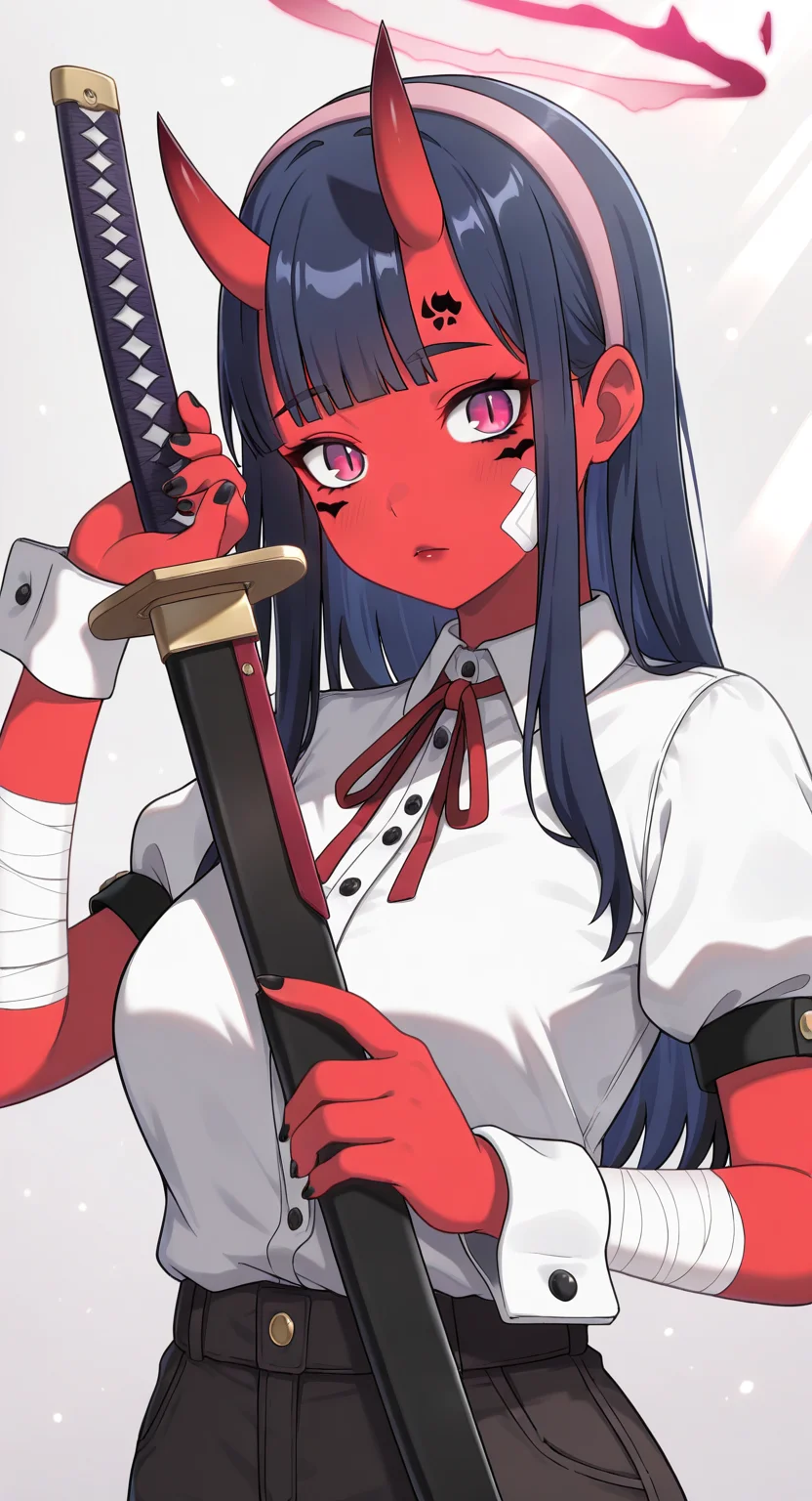 masterpiece, cute, lovely, newest, absurdres, (best quality:1.3), amazing quality, very aesthetic, 1girl, solo, high_resolution, hq, 4k, BREAK. high gradient eyes, very cute, light particles, cute details, cute colors, mature woman, (Kamuo_Style), red skin, oni, oni horns, dark blue hair, straight hair, blunt bangs, pink eyes, slit pupils, (medium breasts:1.2), sagging_breasts, BREAK, bandaid on face, bandaid, bandaid on cheek, forehead mark, parted lips, wrist cuffs, neck ribbon, short sleeves, fingernails, shirt, hairband, puffy short sleeves, puffy sleeves, shorts, t-shirt, bandages, sheath, sword, solo, holding, simple background, grey background, upper body, halo, facial mark, nail polish, closed mouth, red ribbon, black nails, bandaged arm, holding weapon, light frown, light rays, pink hairband, red lips, scabbard, weapon, white shirt, masterpiece, best quality, very aesthetic, intricate details, vivid colors, smooth shading, dynamic lighting, professional illustration, soft gradients, balanced composition, elegant pose, high-resolution, sharp focus, 8k, hdr, crisp lines, perfect lighting, sharp eyes, detailed eyes, highly detailed