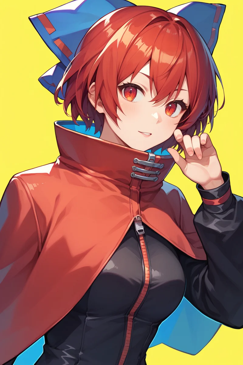 score_9, score_8_up, score_8, score_9, 1 girl,  source_anime, sekibanki, black shirt, red cape, red hair, red eyes, hair bow, short hair, rock'n'rock'n'beat, bodysuit, yellow background, <lora:sekibanki_pony_v2-10:1>, score_9, score_8_up, score_8, score_9, 1 girl,  source_anime,