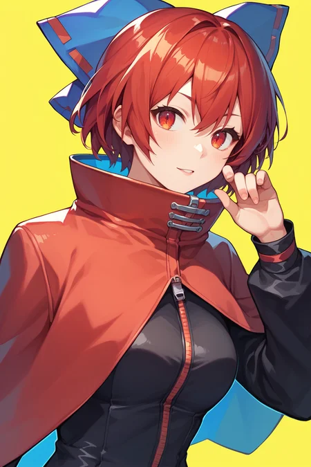 score_9, score_8_up, score_8, score_9, 1 girl, source_anime, sekibanki, black shirt, red cape, red hair, red eyes, hair bow, short hair, rock'n'rock'n'beat, bodysuit, yellow background, <lora:sekibanki_pony_v2-10:1>, score_9, score_8_up, score_8, score_9, 1 girl, source_anime,